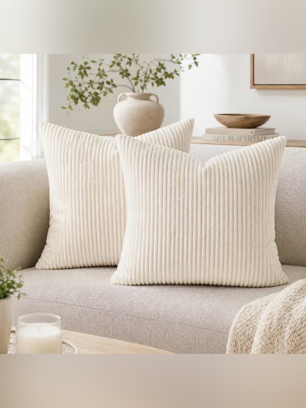 2 Pack Cream Striped Velvet Corduroy Pillow Covers 20x20 Hidden Zipper